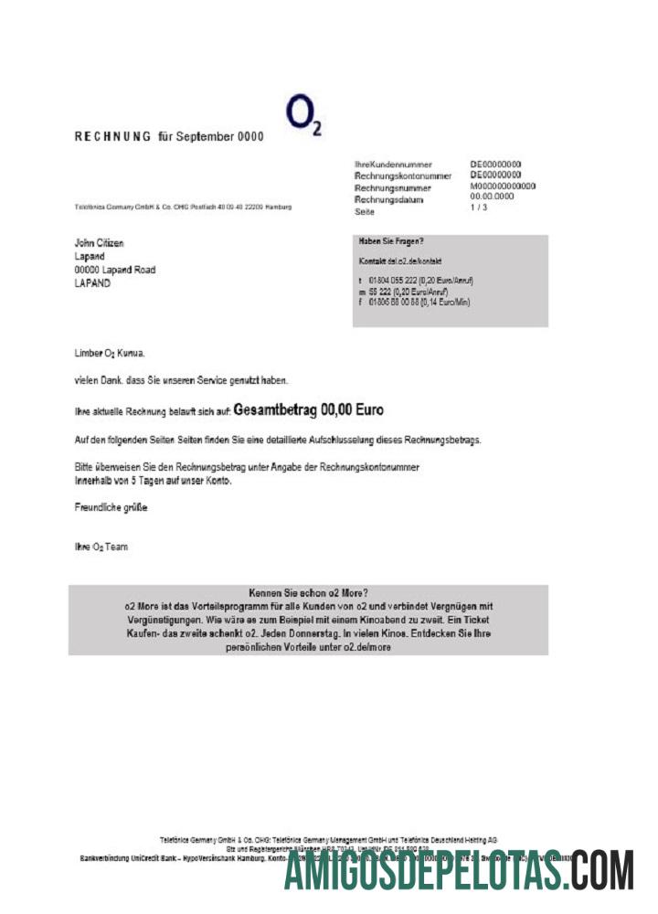 Conta de serviços públicos RECHNUNG O2 da Alemanha exemplo